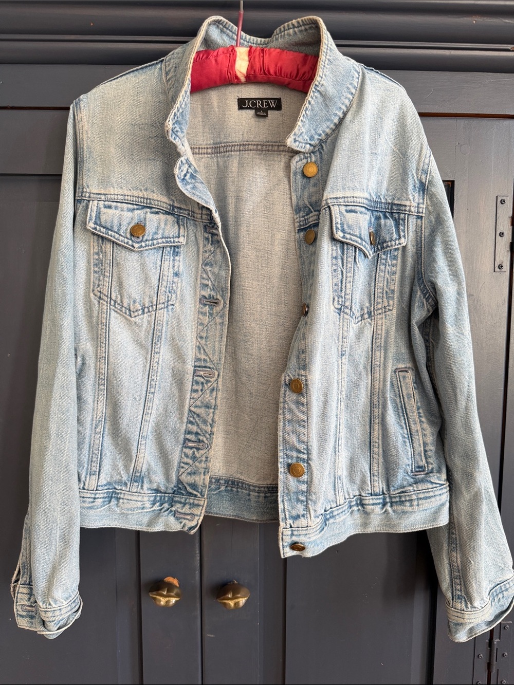 J. Crew Light Wash Denim Jean Jacket with Red Collar Lining